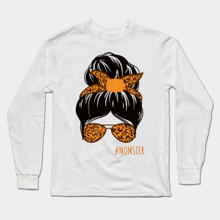 Orange and Black Momster Messy Bun Halloween Long Sleeve T-Shirt